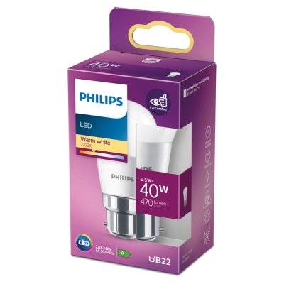 Philips Led Frosted Candle Bulb B22 Bayonet Cap 5.5w (40 equivalent) Non-Dimmable Warm White Single