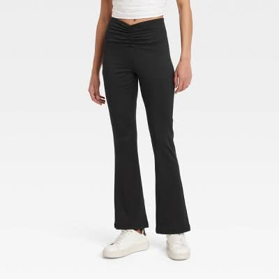 A New Day High Waisted Flare Leggings With Ruched Waistband, Women, L, Black