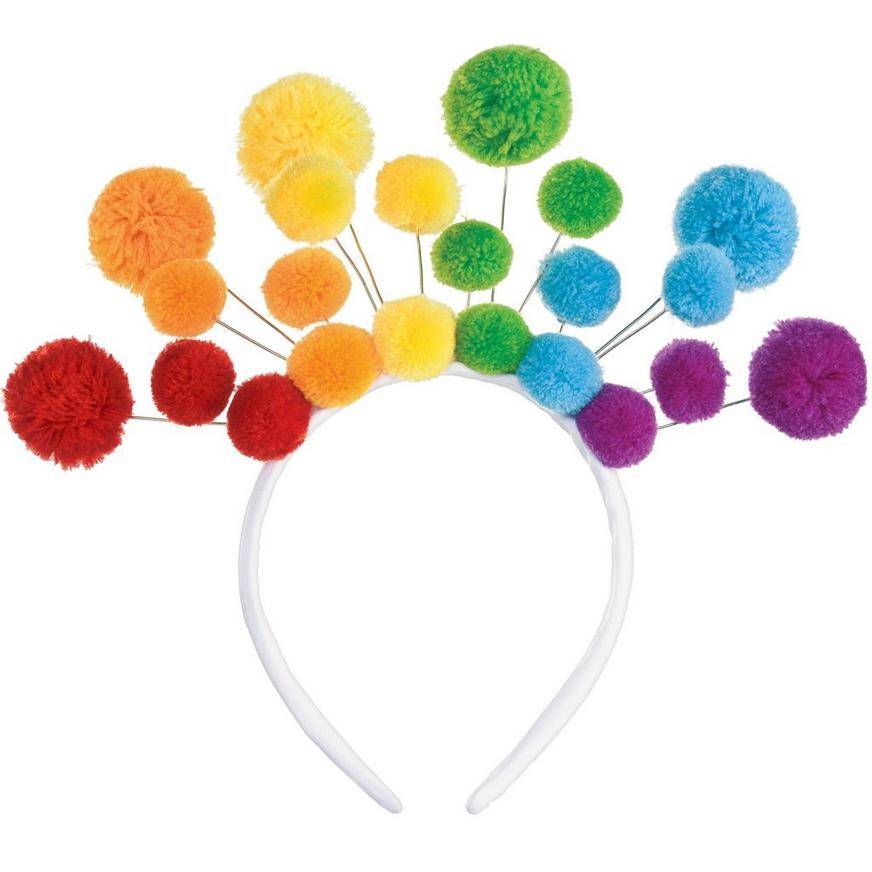 Rainbow Pride Pom-Pom Fabric Plastic Headband, 10in x 9.1in