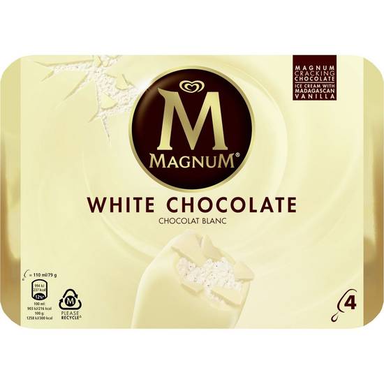 Glaces chocolat blanc MAGNUM 4 bâtonnets - 316g