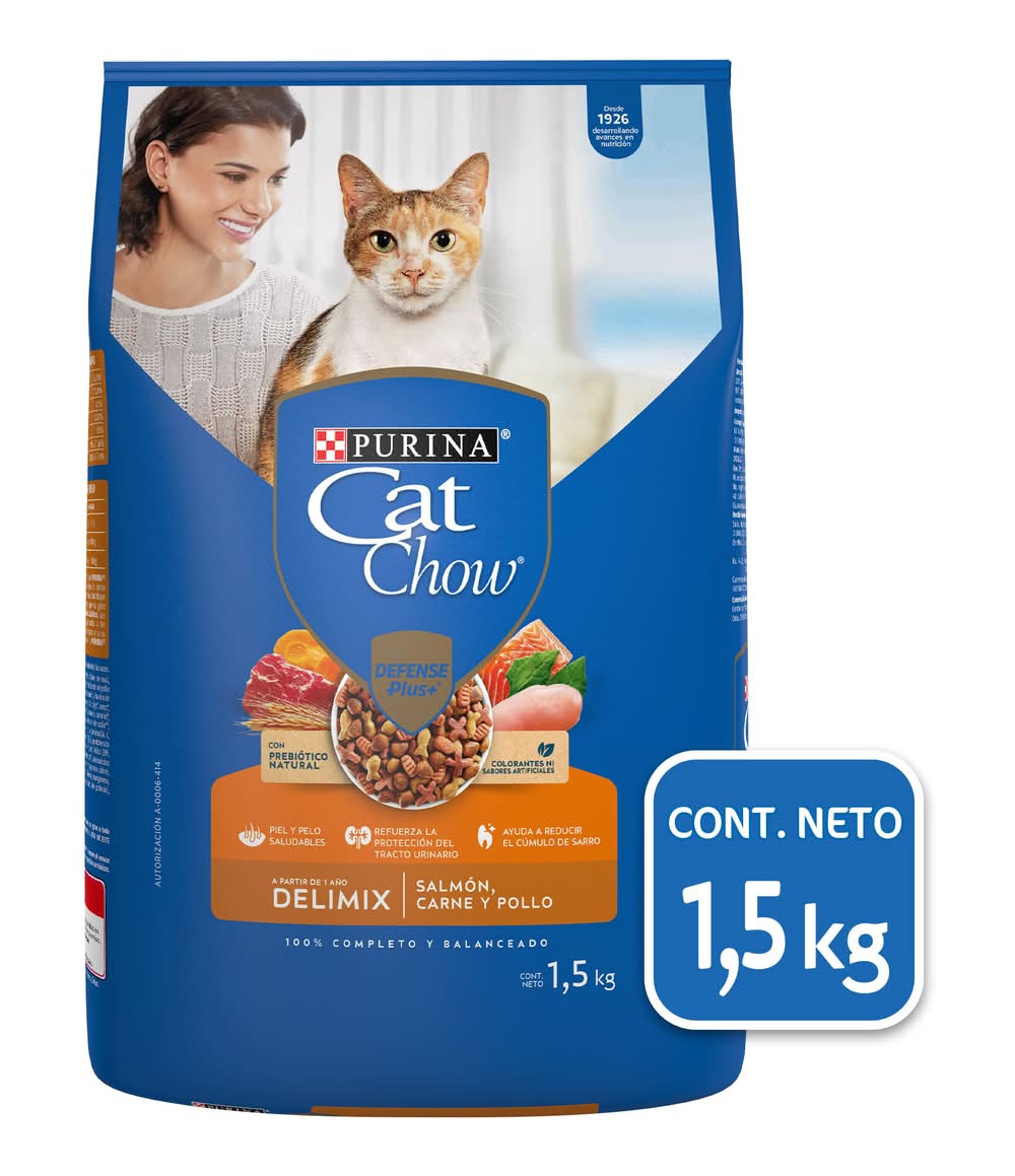 Purina Cat Chow · Alimento seco para gato de salmón, carne y pollo defense plus+, Adulto (1,5 kg)