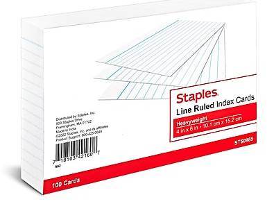 Staples™ 4 x 6 Index Cards, Lined, White, 100/Pack (TR50985)