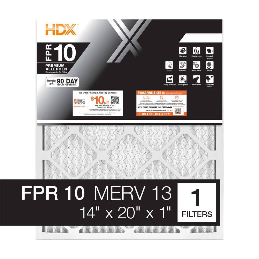 Hdx 14 In. X 20 In. X 1 In. Premium Pleated Furnace Air Filter Fpr 10, Merv 13