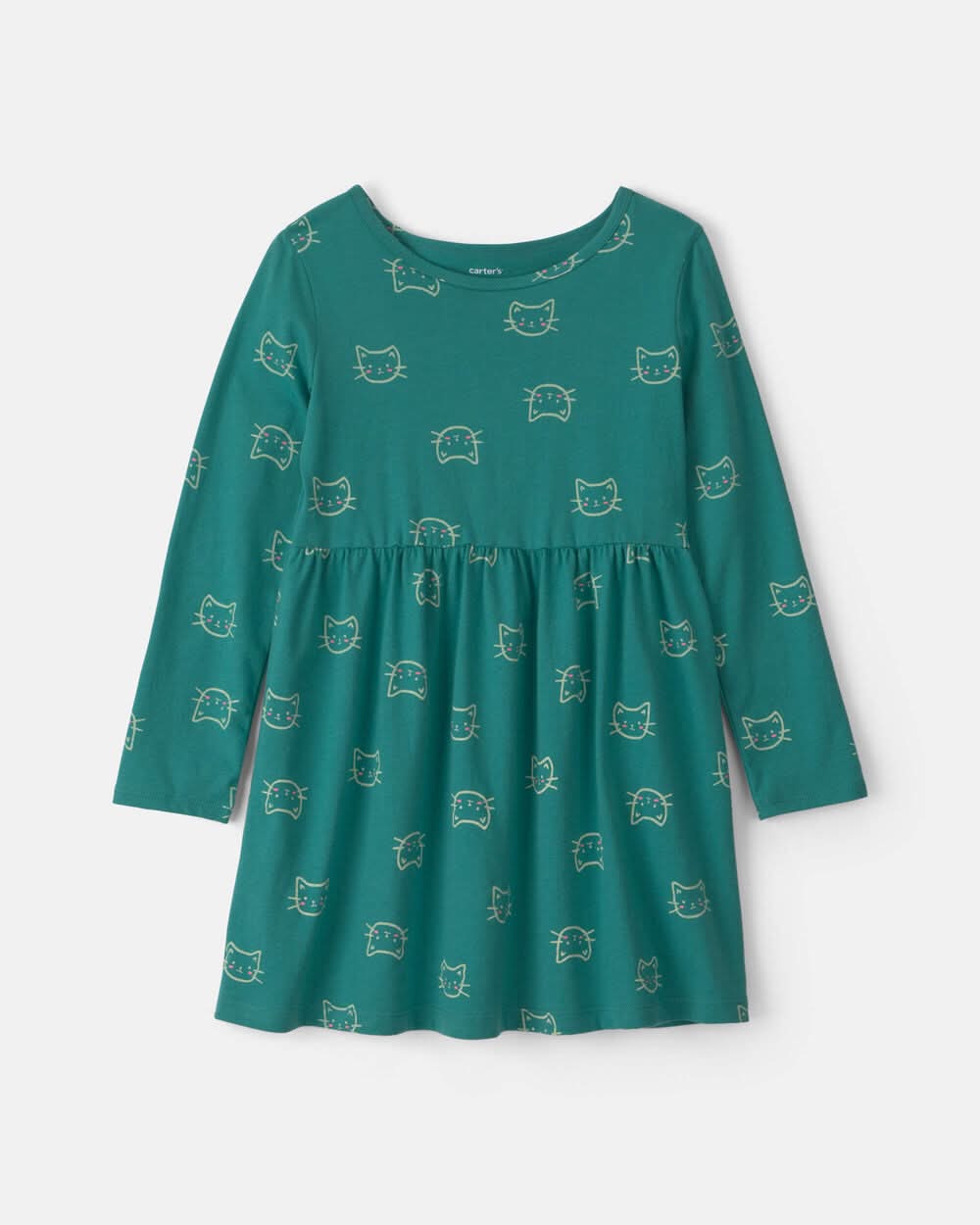 Girls Cat Long-Sleeve Dress - Green - 8