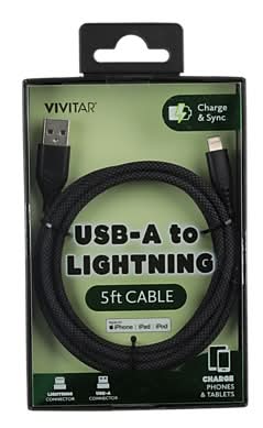 Vivitar USB-A to Lightning Charging Cable, 5 ft., Black (STP5100-BLK-T35-12)