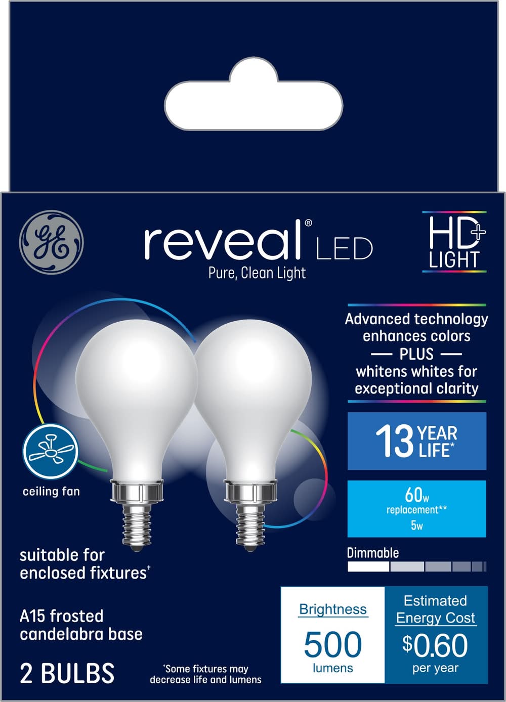 General Electric 60 -Watt EQ A15 Color-enhancing Candelabra base (E-12) Dimmable LED General purpose Light Bulb 2 -Pack