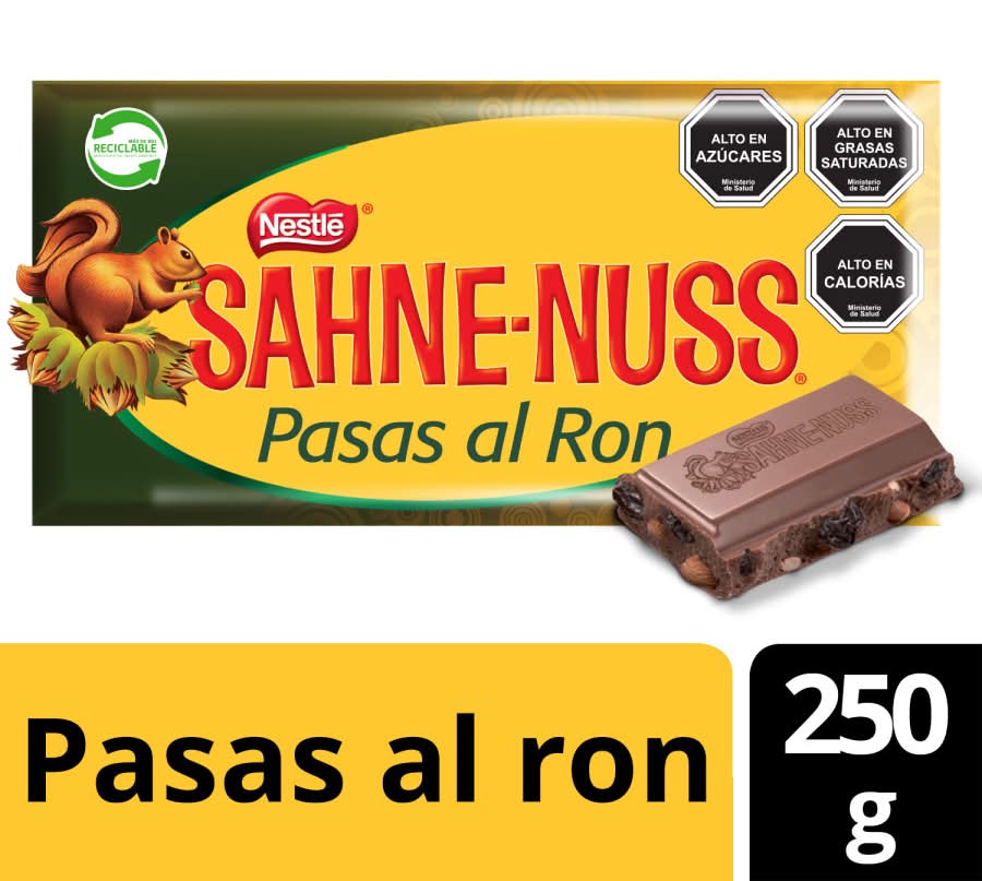 Sahne Nuss · Chocolate de leche - Almendras-Pasas Al Ron (250 g)
