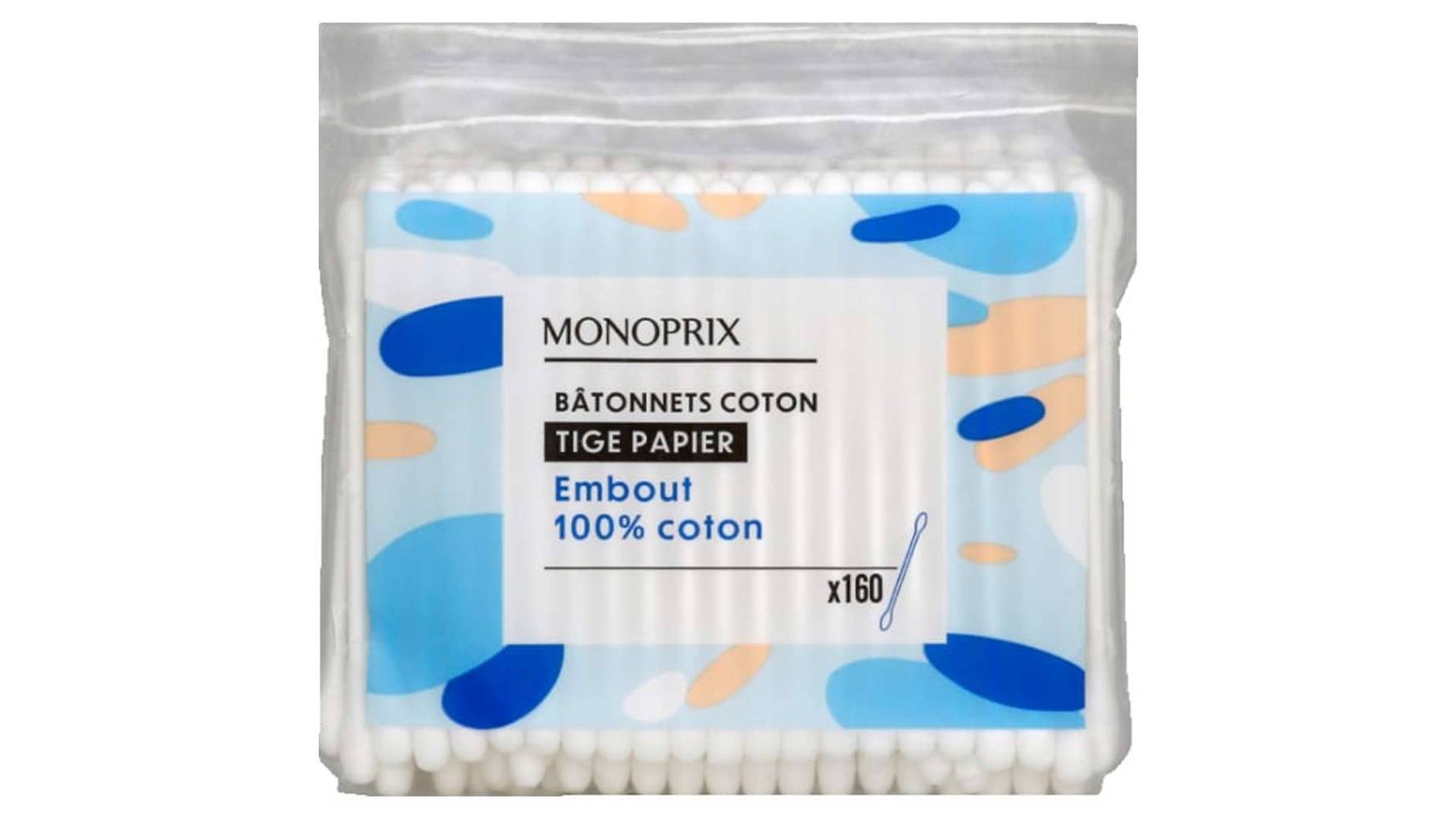 Monoprix Bâtonnets coton tige papier embout 100% coton La boîte de 160 bâtonnets