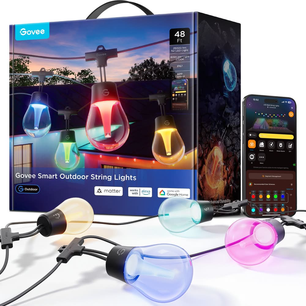 Govee 48-ft Plug-in Clear Indoor/Outdoor String Light with 15 Multicolor -Light LED Globe Bulbs Bluetooth and Wi-Fi Compatibility