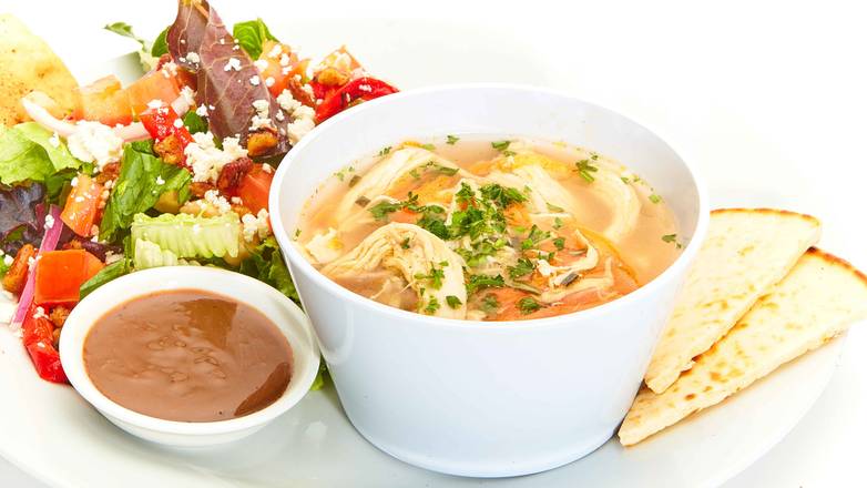 Greek Lemon Chicken Soup with Mediterranean Salad