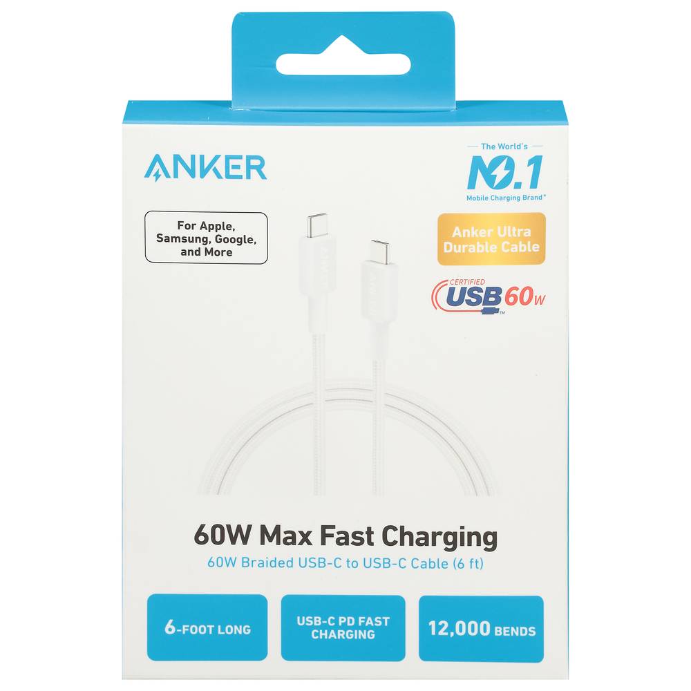 Anker Usb-C To Usb-C 60w Braided Charging Cable (6 feet/white)