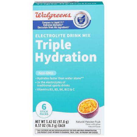 Walgreens Triple Hydration Electrolyte Drink Mix, Natural Passion Fruit (3.42 oz, 6 ct)