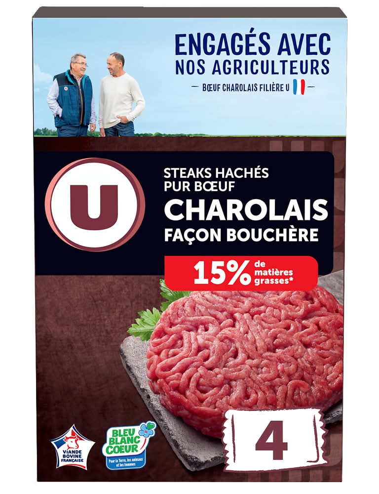 Les Produits U - Steak haché charolais surgelé façon bouchère 15% m.g. (4 x 120g)
