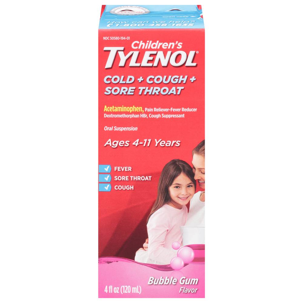 Childeren's Tylenol Tylenol Bubble Gum Cold + Cough + Sore Throat 4-11 Years Oral Suspension (120 ml)