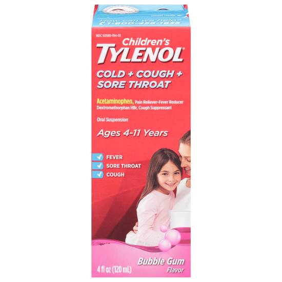 Children's Tylenol Bubble Gum Cold + Cough + Sore Throat 4-11 Years Oral Suspension