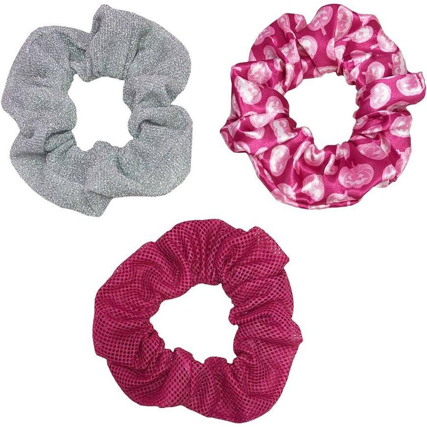 Breast Cancer Awareness Pink Silver Fabric Scrunchies, 4.5in, 3ct