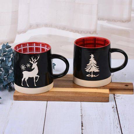 Holiday Time Tree / Deer Carved Plaid Ceramic Mug (2 ct)