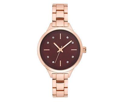 Womens Rose Gold & Burgundy Metal Band Analog Wrist Watch