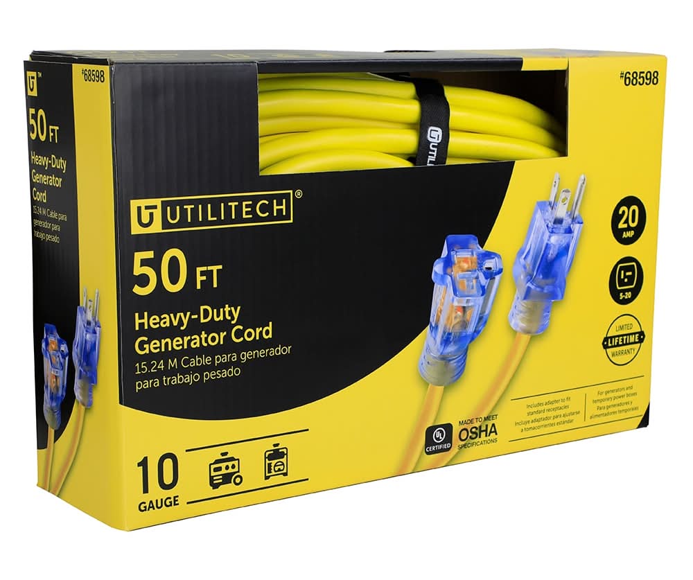 Utilitech 50-Ft 20-Amp 125-Volt 10-Gauge Yellow Outdoor Generator cord