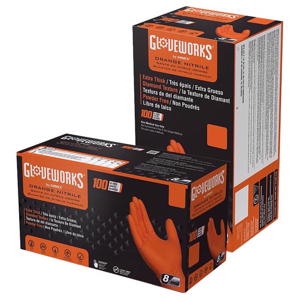 Gloveworks Nitrile Disposable Gloves Large Orange Powder Free 100 Pk