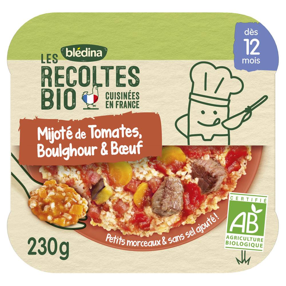 Plat bébé dès 12 mois mijoté de tomates boulghour et bœuf Les Récoltes Bio BLEDINA - l'assiette de 230g
