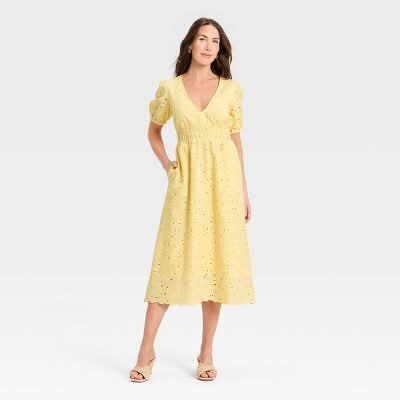 Women's Puff Elbow Sleeve Eyelet Midi Empire Waist Dress - A New Day™ Yellow XS