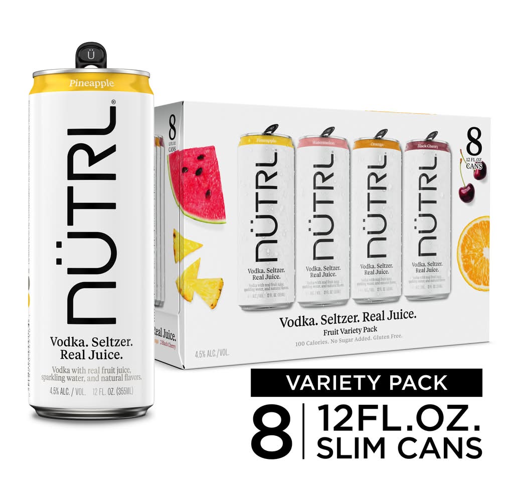 NÜTRL Gluten Free Vodka Hard Seltzer Real Fruit Juice, Watermelon-Orange-Black Cherry-Pineapple (8 x 12 fl oz)