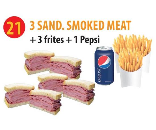 3 Sand. Smoked Meat + 3 Frites + Boisson