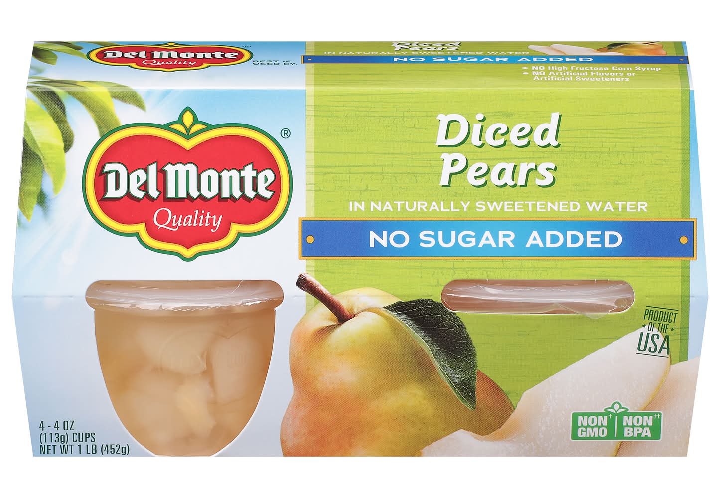 Del Monte Diced Pears Naturally Sweetened Water (4 oz, 4 ct)