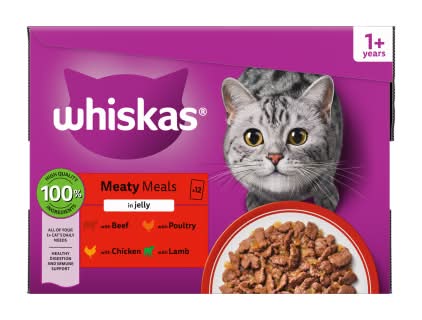 Whiskas Adult 1+, Meaty Meals Wet Cat Food Pouches in Jelly (12 x 85g)