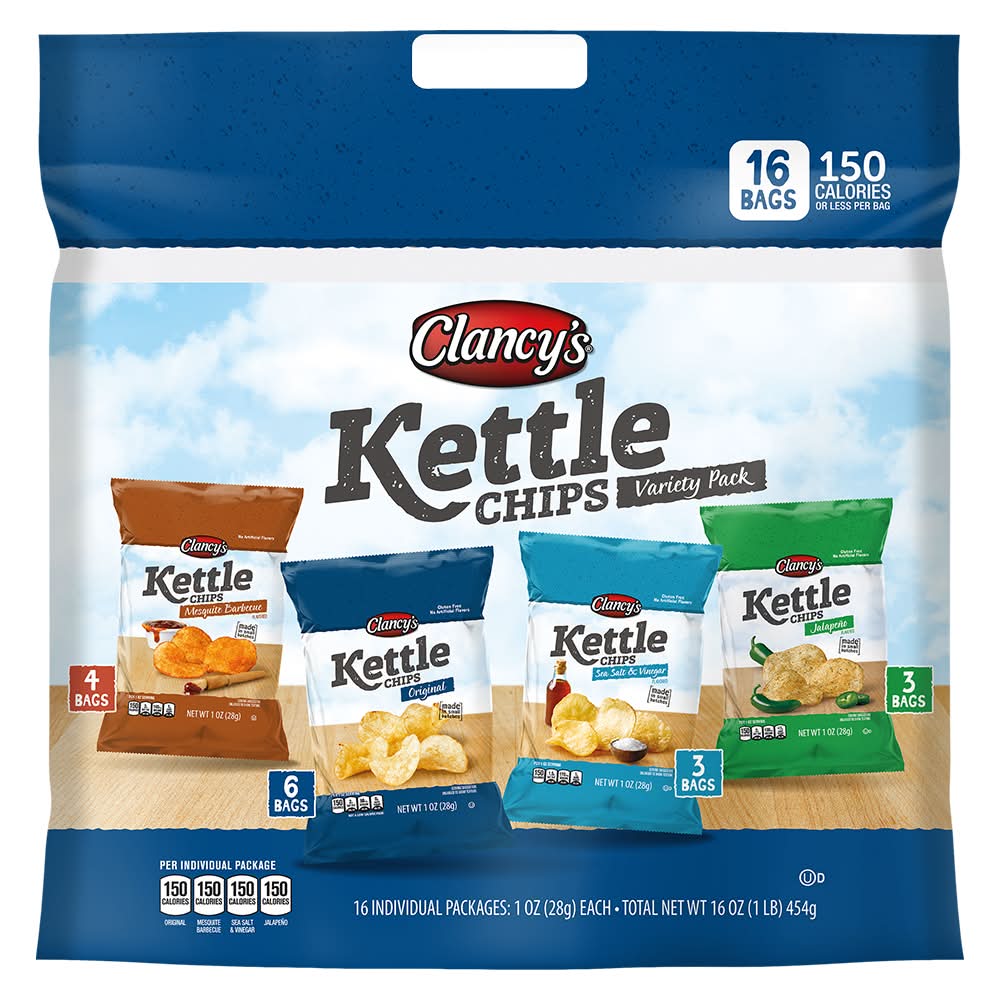 Clancy's Kettle Potato Chips Variety pack, Mesquite Barbecue-Original-Sea Salt & Vinegar-Jalapeño (16 x 1 oz)