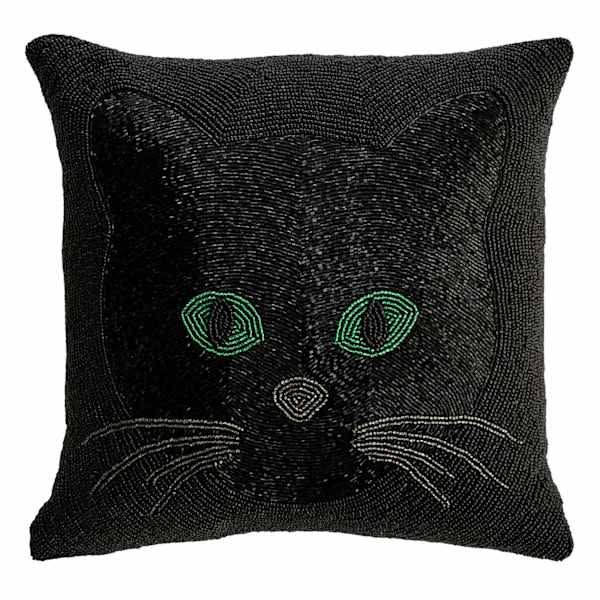 Fully Beaded Cat Face Throw Pillow, 13"