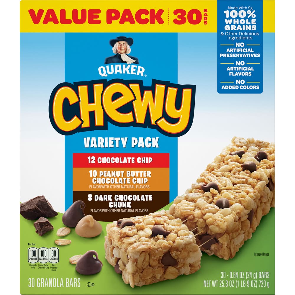 Quaker Chewy Granola Bars Variety pack, Chocolate Chip-Peanut Butter Chocolate Chip-Dark Chocolate Chunk (30 x 0.84 oz)