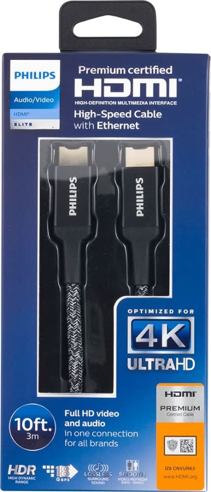 Philips Elite Premium High-Speed Hdmi Cable With Ethernet Braided, 6 ft, Black