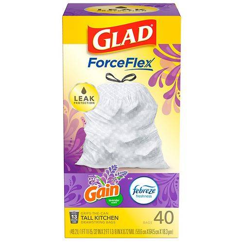 Glad ForceFlex Tall Kitchen Trash Bags Gain Lavender with Febreze, 13 Gallon - 40.0 ea