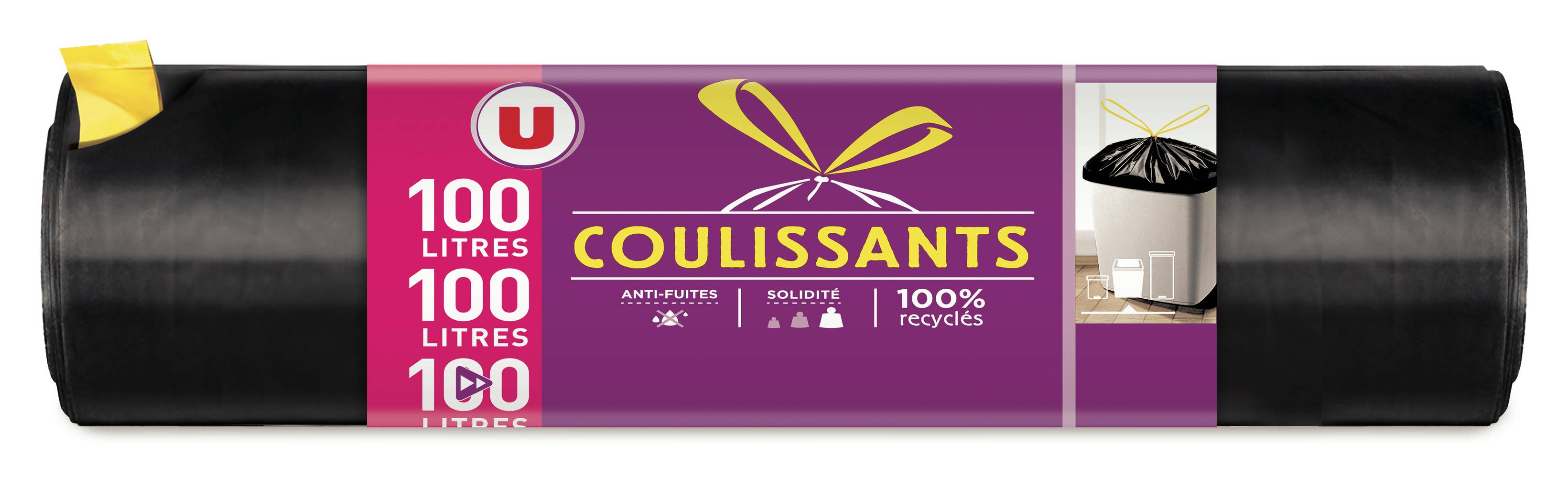 Les Produits U - Sacs poubelles avec attaches coulissantes, 100L (10)