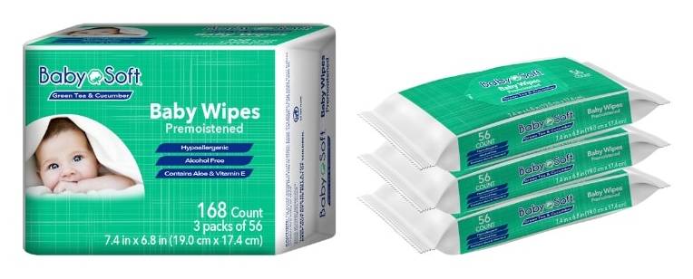 Baby Soft Green Tea and Cucumber Baby Wipes, 7.4 in x 6.8 in (3 x 56 ct)