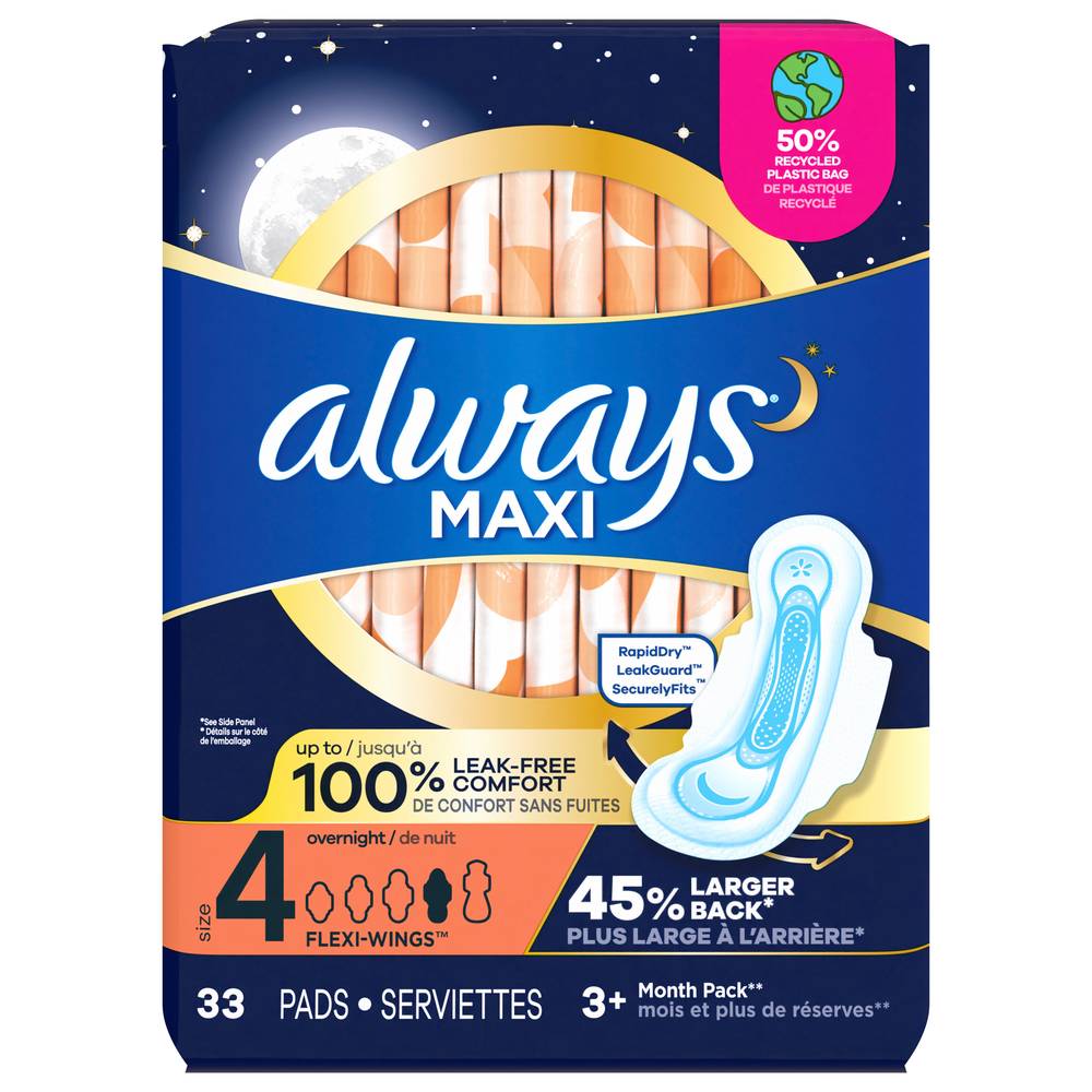 Always Maxi Jumbo Size 4 Overnight Pads With Wings (33 ct)