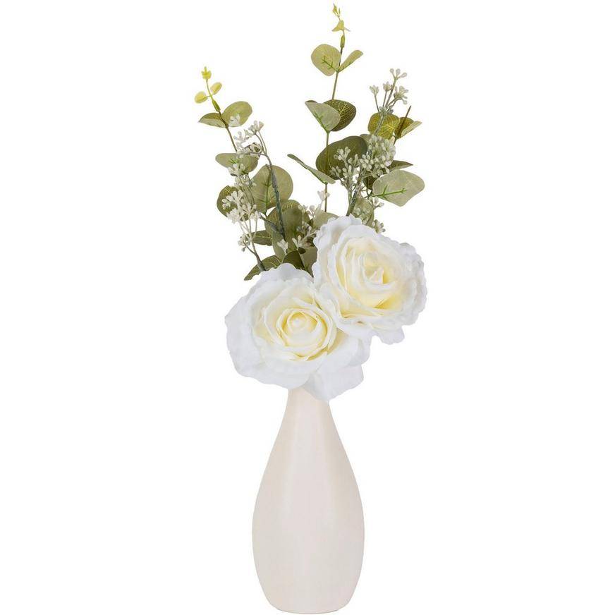 White Roses Greenery in White Ceramic Vase, 17in