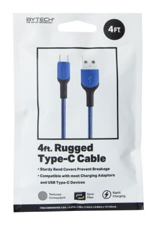 Rugged USB-C To USB-A 4ft Cable Blue