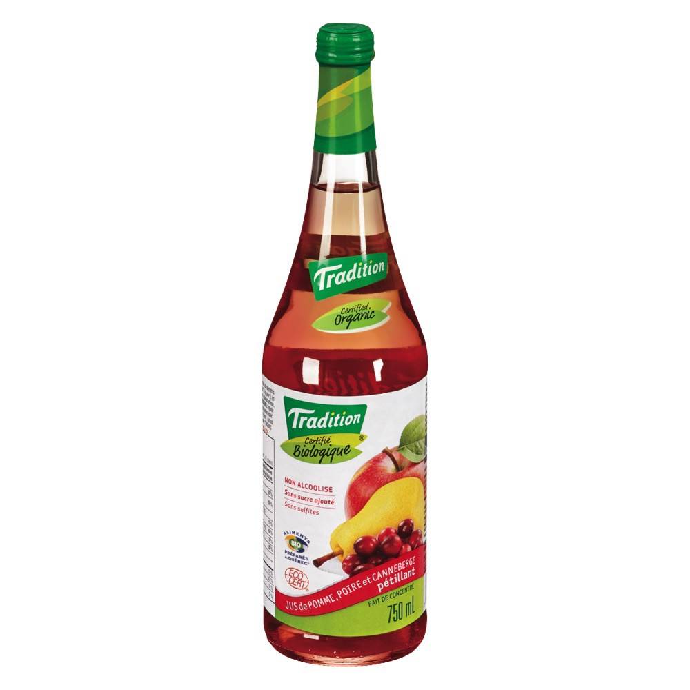 Tradition jus pétillant de pommes de poires et de canneberges biologique (750 ml) - sparkling organic apple pear cranberry juice (750 ml)