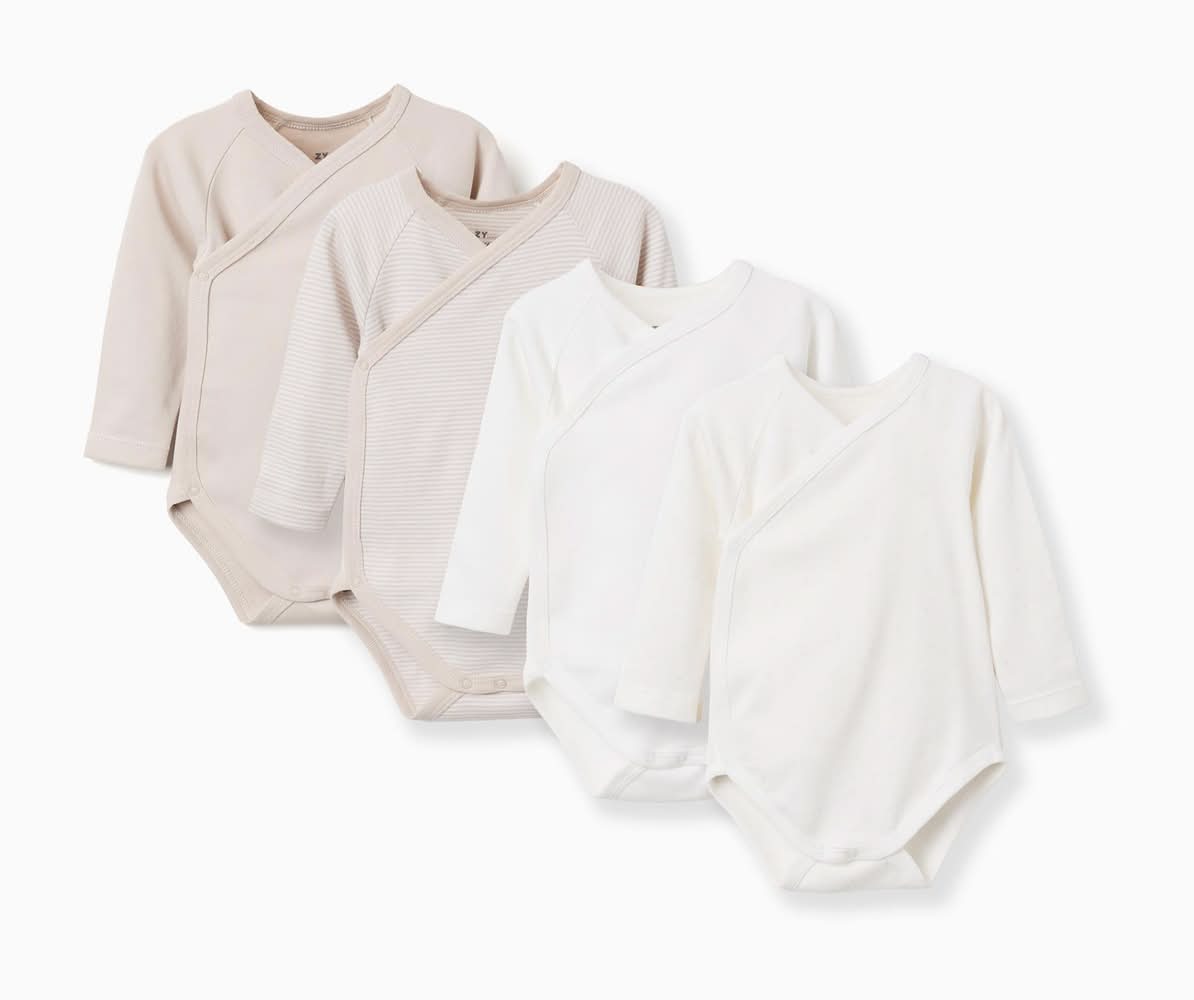 Pack De 4 Bodies De Algodão Em Trespasse Para Recém-Nascidos, Branco/Bege (Multicolor - 0/0M)