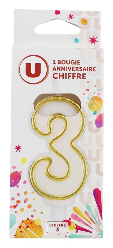 Les Produits U - Bougie anniversaire chiffre n°3, dorée