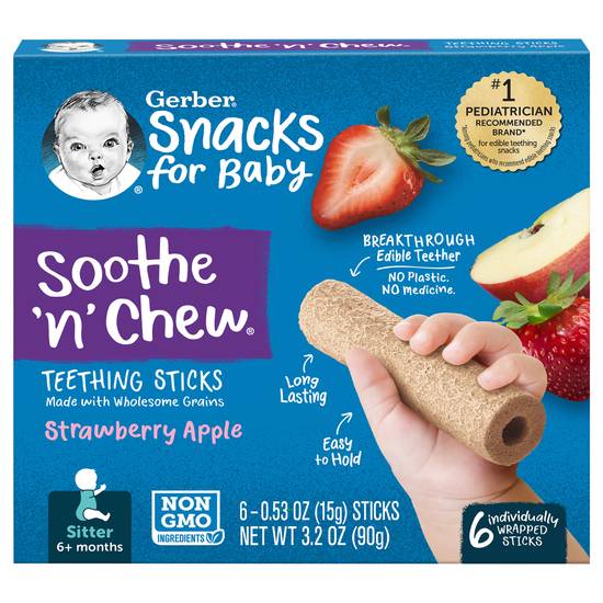 Gerber Soothe 'N' Chew Strawberry Apple Teething Sticks 6+ Months Snacks For Baby