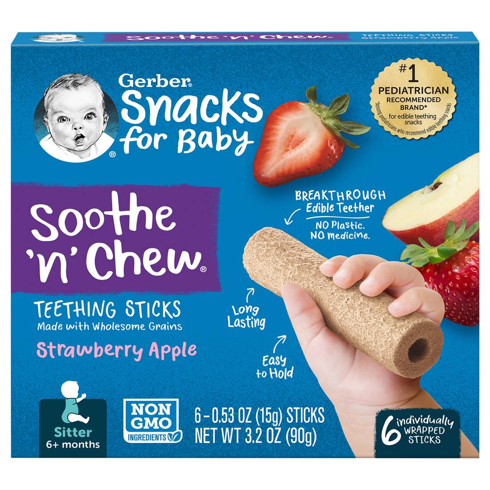 Gerber Soothe 'N' Chew Strawberry Apple Teething Sticks 6+ Months Snacks For Baby (3.2 oz)