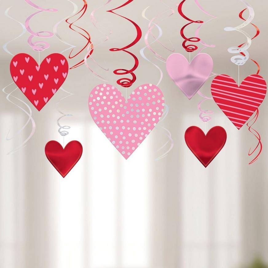 Metallic Pink Red Patterned Heart Cardstock Foil Swirl Decorations, 12ct