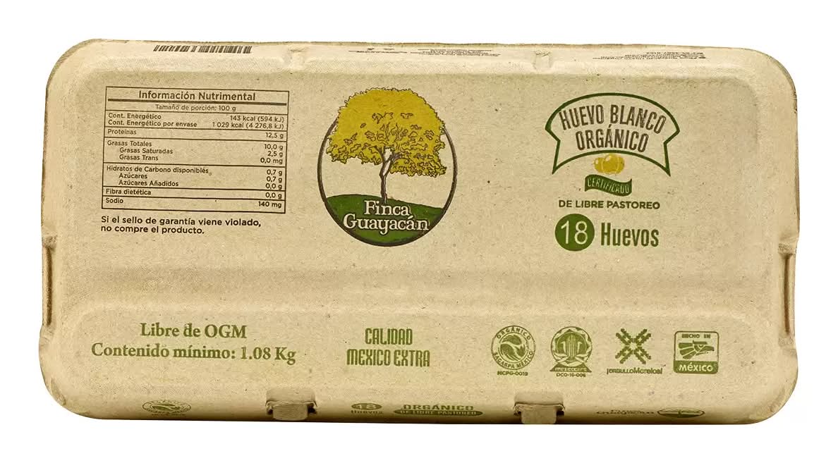 Finca Guayacán · Huevos blancos orgánicos certificados de gallinas de pastoreo libre (18 un)