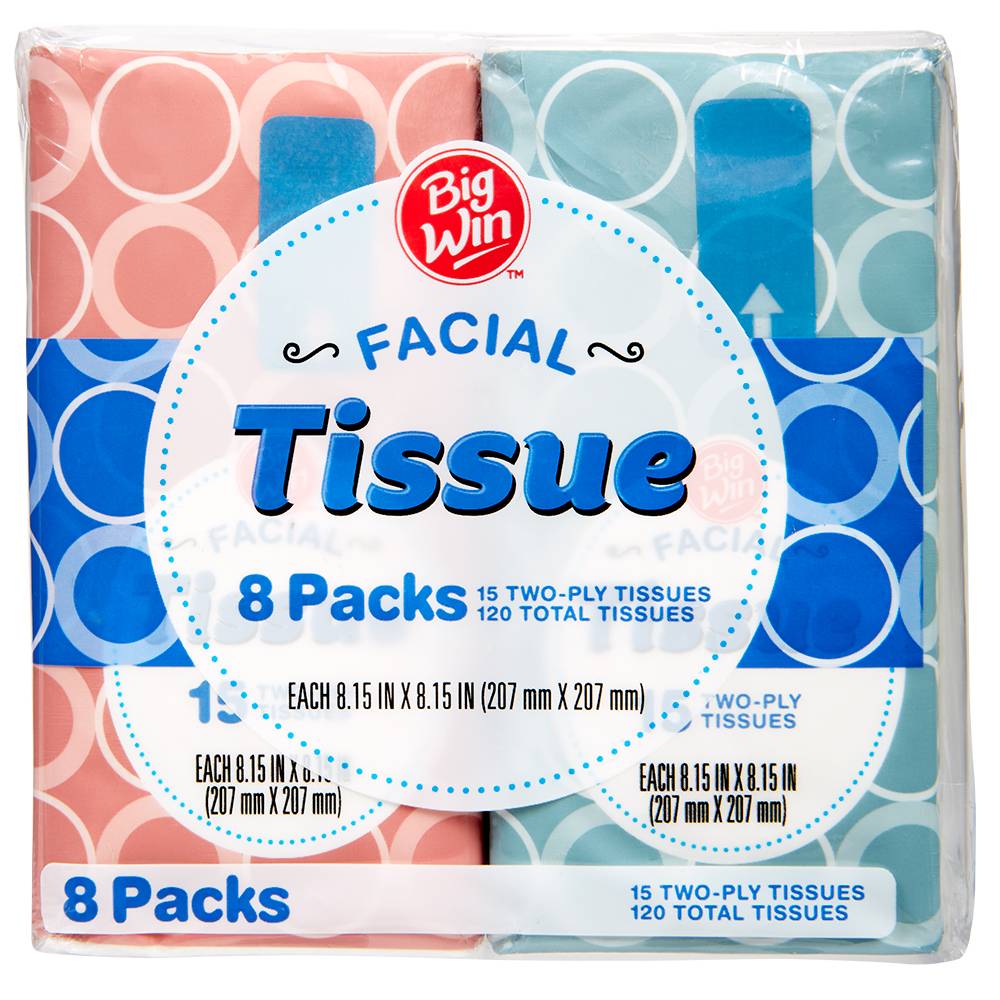 Big Win Facial Tissue Pocket packs (8 ct) (8.15 in x 8.15 in)