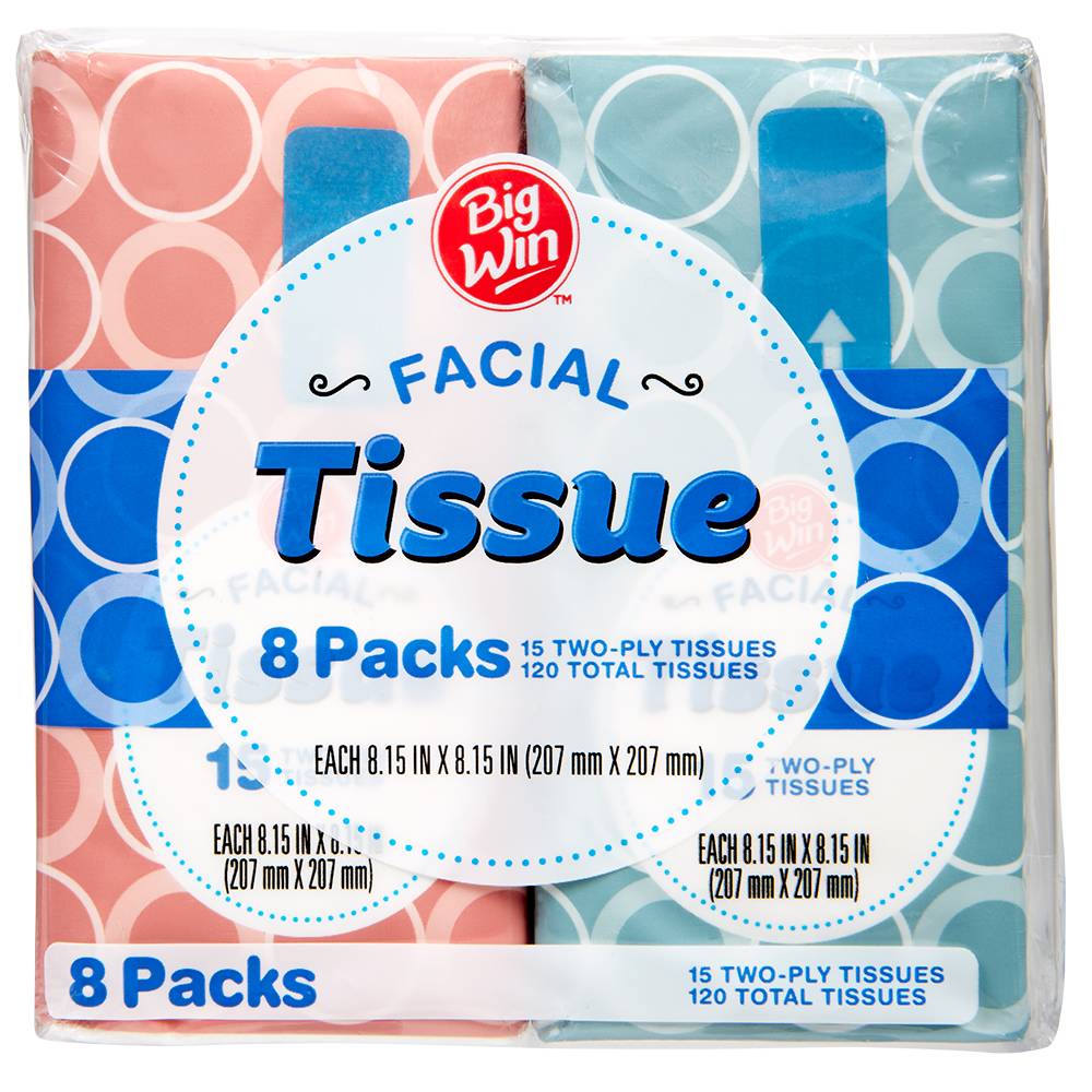 Big Win Facial Tissue Pocket packs, 8.15 in x 8.15 in (8 x 15 ct)