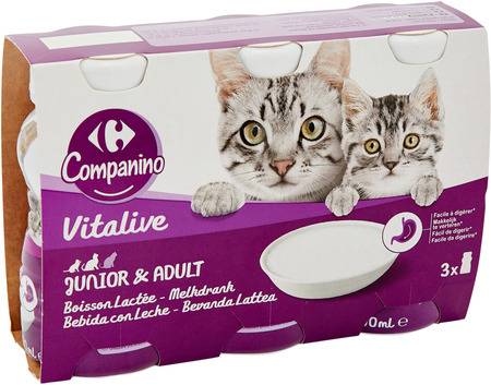 Carrefour Companino - Boisson lactée pour chat junior et adulte (3 pièces, 200 ml)